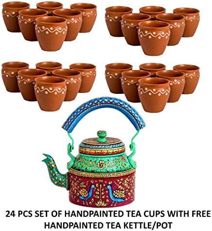 Combo Odishabazaar 24 PCS מעצבים כוסות תה | קולהאר הודי | חינם 1LTR קומקום תה צבוע ביד | סיר